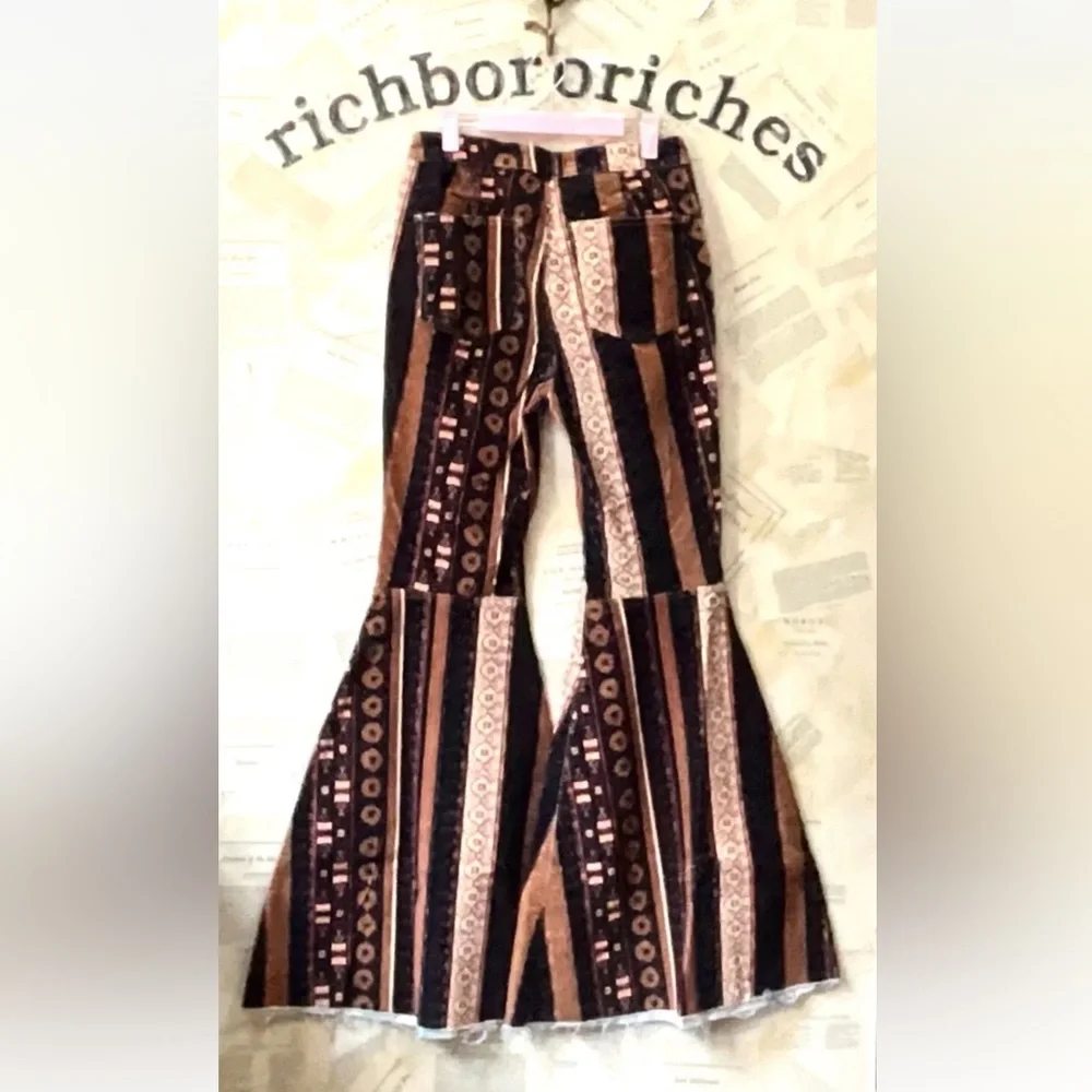 Free People Just Float On Flare Jean Corduroy Print Stripe Black Brown Tan - Picture 3 of 6